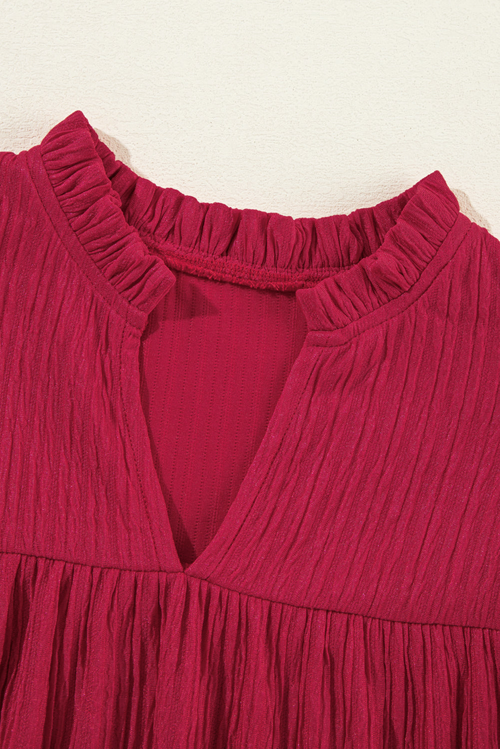 Fiery Red Frill Trim V Neck Loose Fit Ribbed Mini Dress - MAD RUFFI