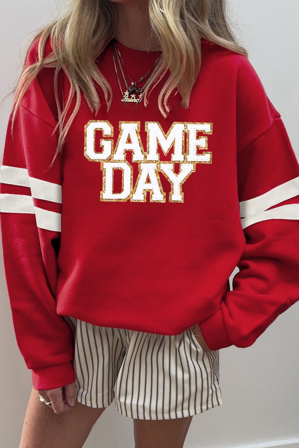Fiery Red GAME DAY Striped Drop Shoulder Oversized Sweatshirt - MAD RUFFI