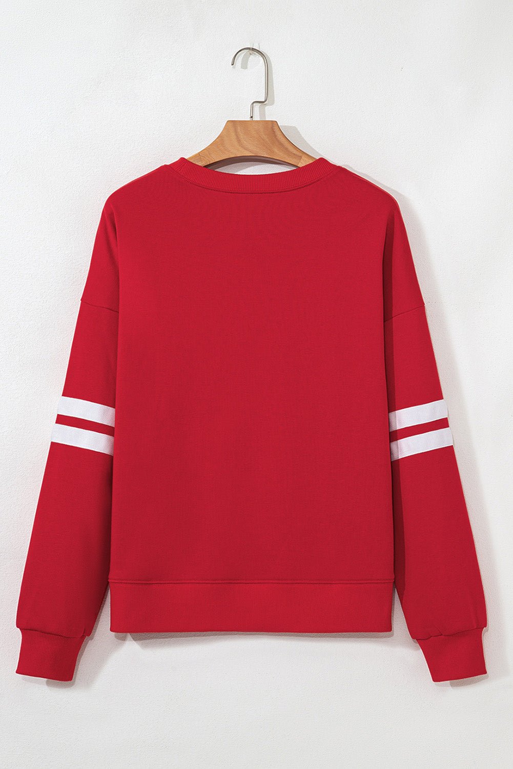 Fiery Red Glitter Baseball Patched Drop Shoulder Varsity Sweatshirt - MAD RUFFI