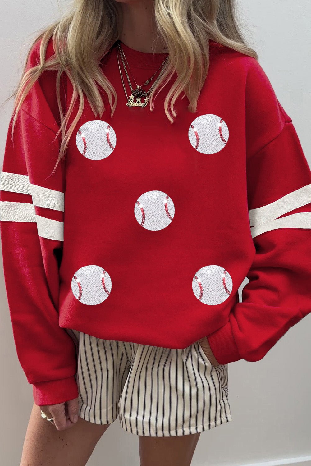 Fiery Red Glitter Baseball Patched Drop Shoulder Varsity Sweatshirt - MAD RUFFI