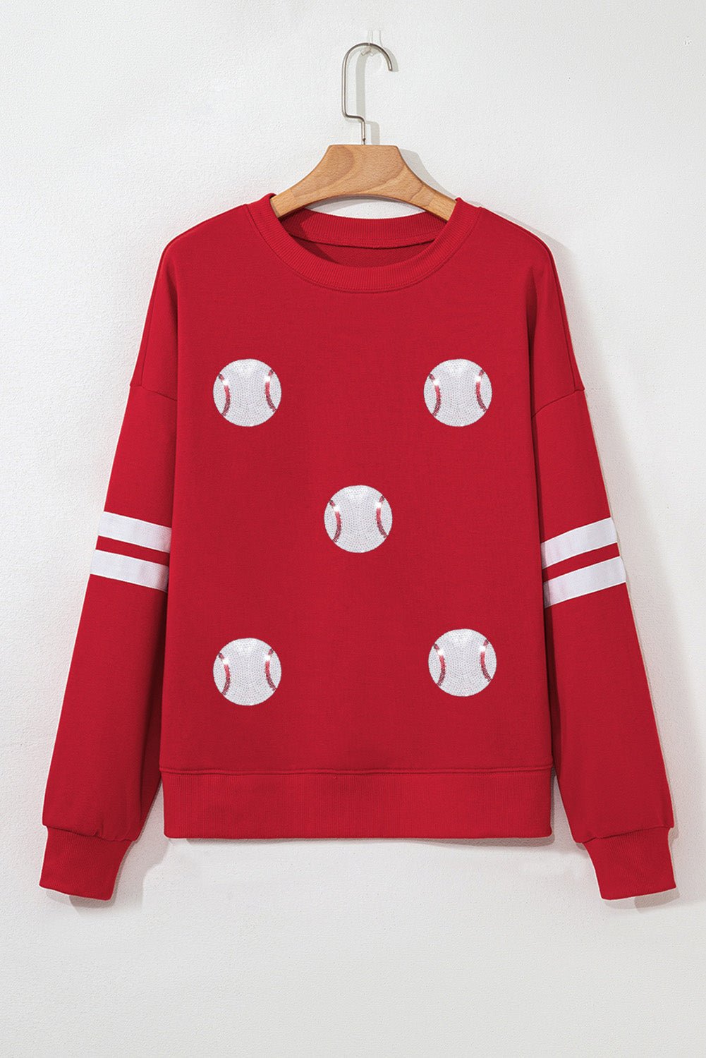 Fiery Red Glitter Baseball Patched Drop Shoulder Varsity Sweatshirt - MAD RUFFI
