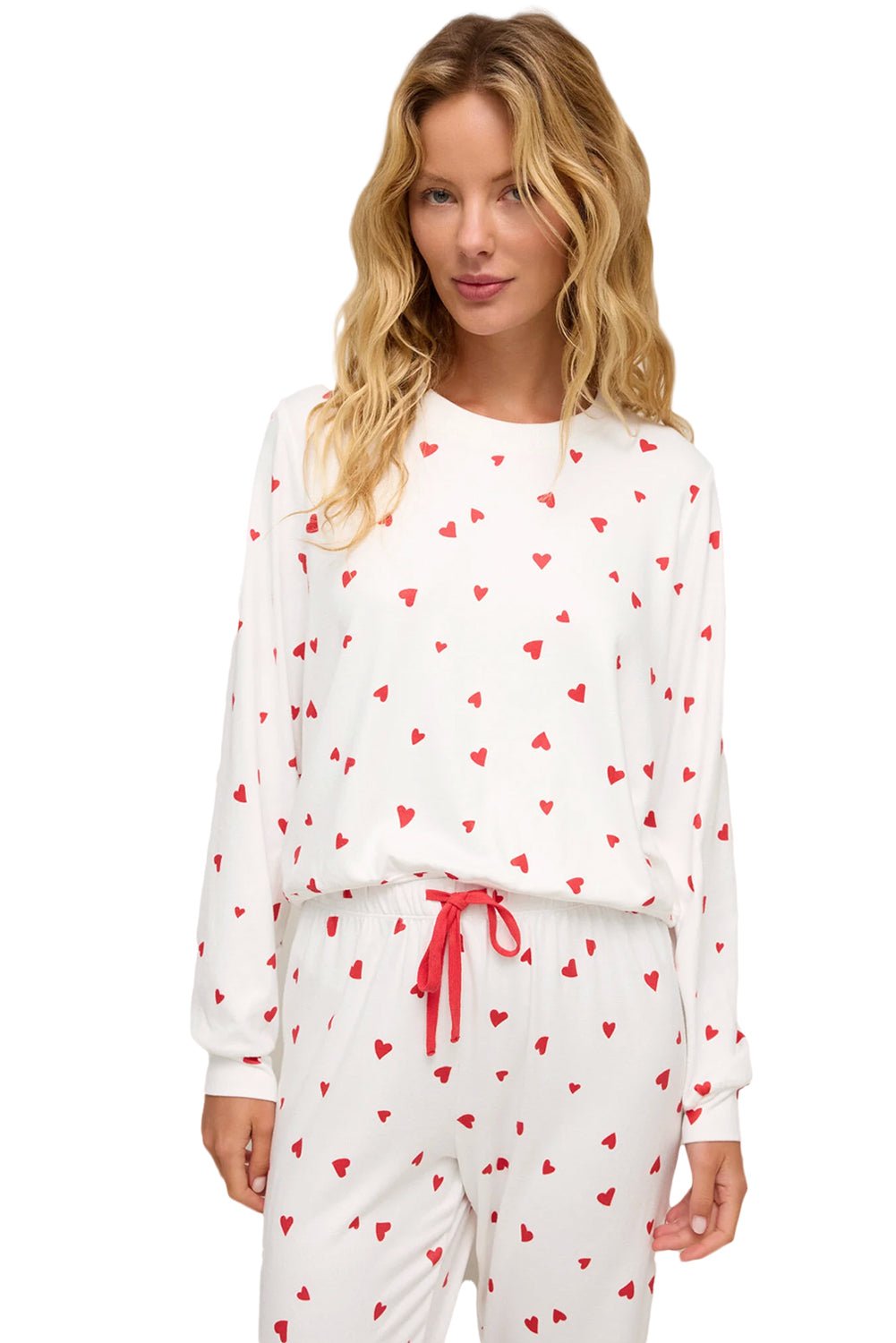 Fiery Red Heart Print Long Sleeve Pullover and Pants Set - MAD RUFFI