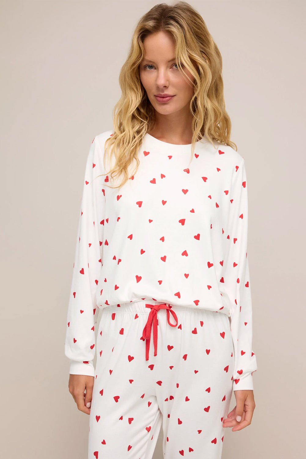 Fiery Red Heart Print Long Sleeve Pullover and Pants Set - MAD RUFFI