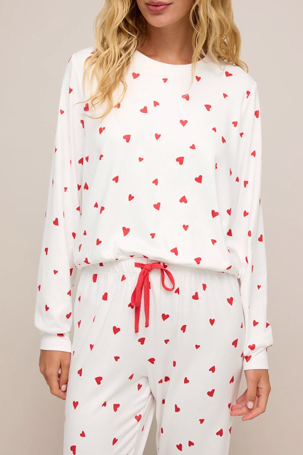 Fiery Red Heart Print Long Sleeve Pullover and Pants Set - MAD RUFFI