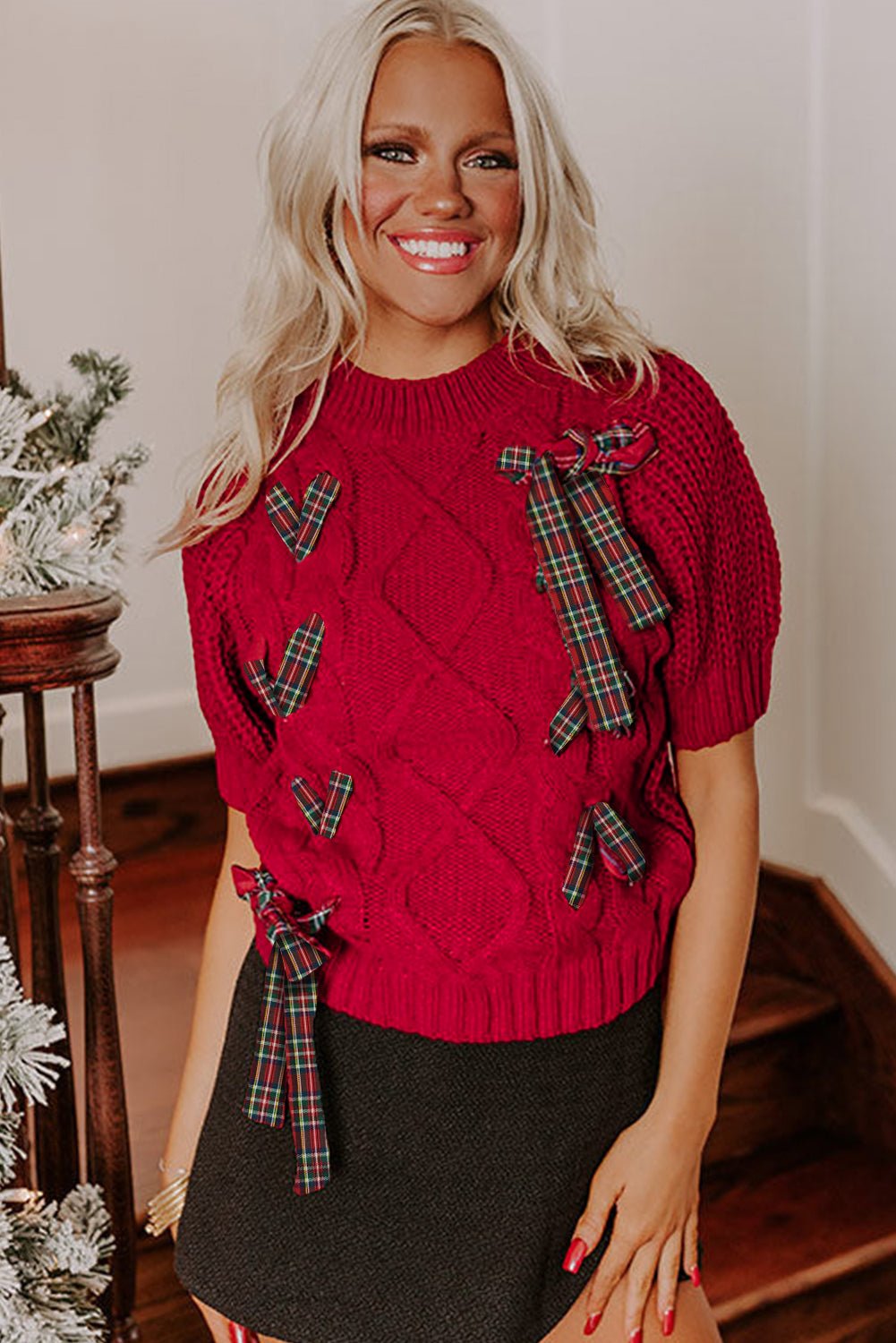 Fiery Red Plaid Lace - up Detail Christmas Holiday Puff Short Sleeve Sweater - MAD RUFFI