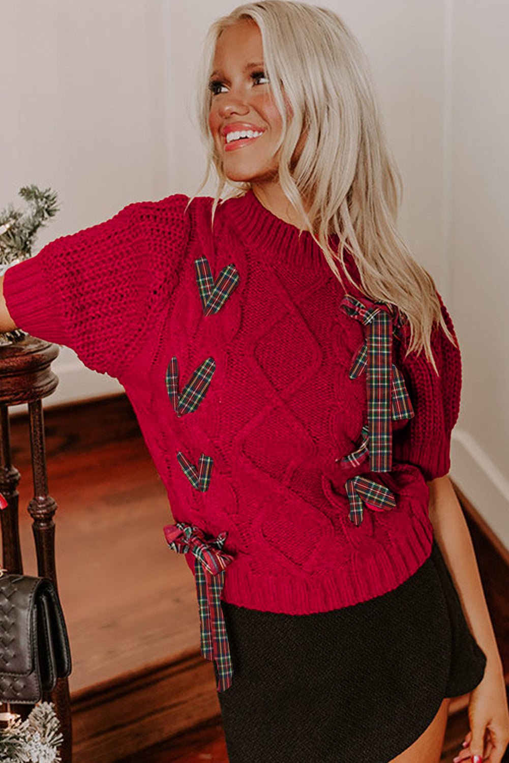 Fiery Red Plaid Lace - up Detail Christmas Holiday Puff Short Sleeve Sweater - MAD RUFFI