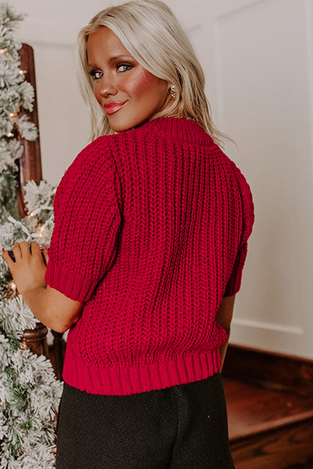 Fiery Red Plaid Lace - up Detail Christmas Holiday Puff Short Sleeve Sweater - MAD RUFFI