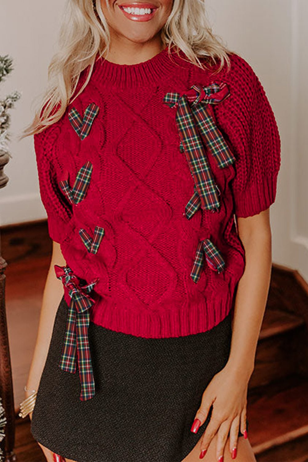 Fiery Red Plaid Lace - up Detail Christmas Holiday Puff Short Sleeve Sweater - MAD RUFFI