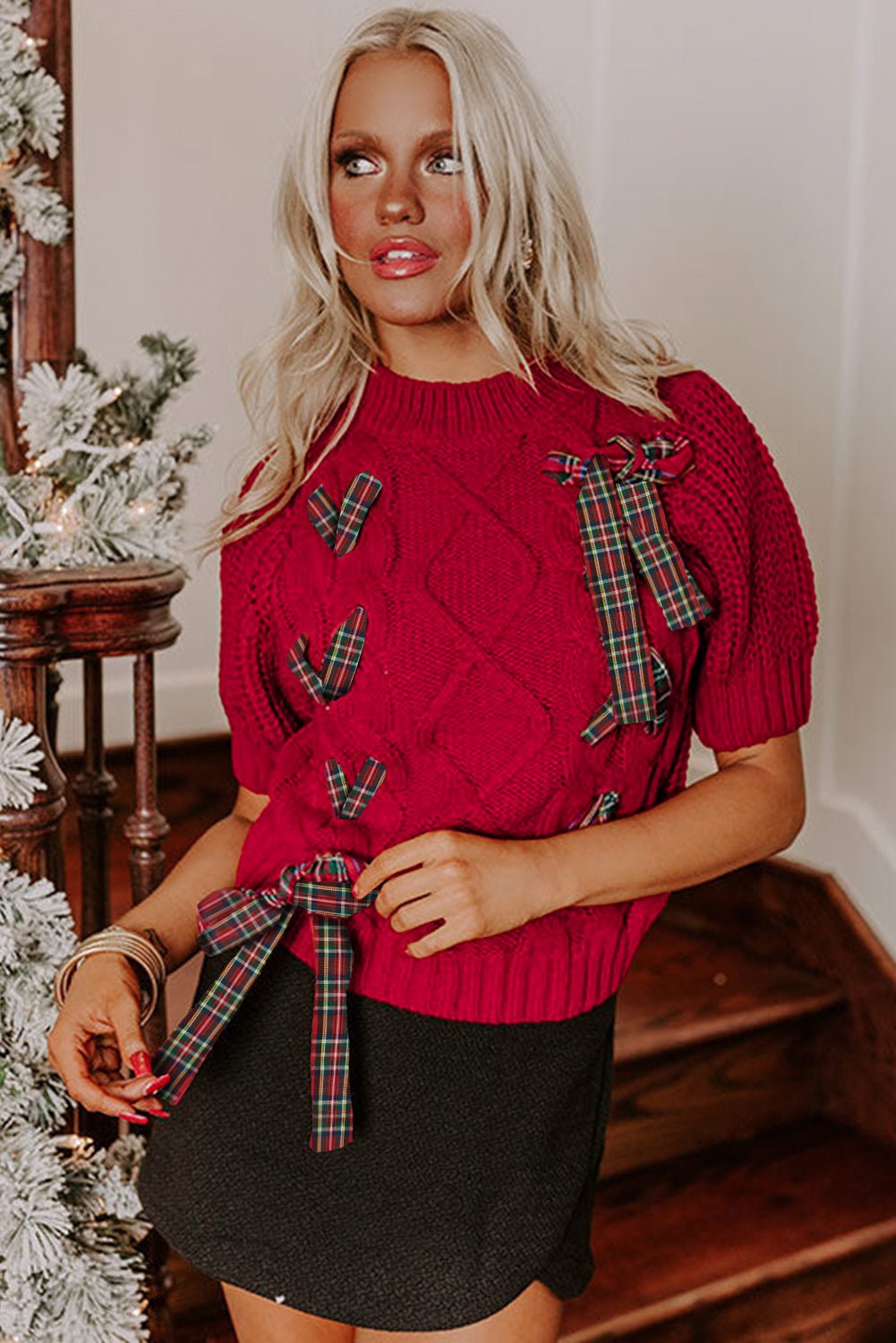 Fiery Red Plaid Lace - up Detail Christmas Holiday Puff Short Sleeve Sweater - MAD RUFFI