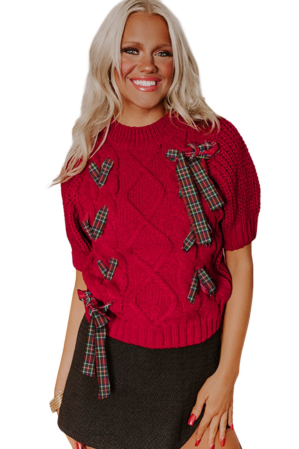 Fiery Red Plaid Lace - up Detail Christmas Holiday Puff Short Sleeve Sweater - MAD RUFFI