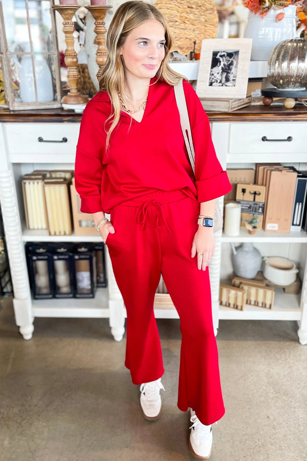 Fiery Red Plain V Neck Pullover Drawstring Bell Bottom Pants Set - MAD RUFFI