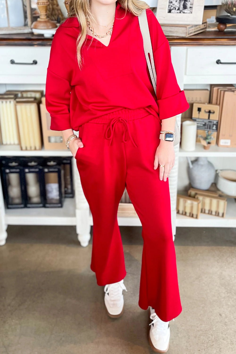 Fiery Red Plain V Neck Pullover Drawstring Bell Bottom Pants Set - MAD RUFFI