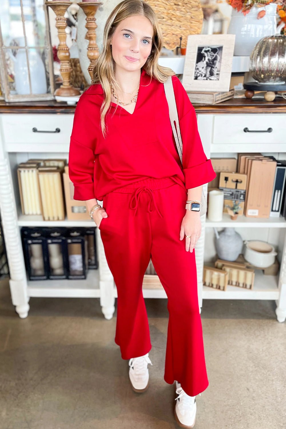 Fiery Red Plain V Neck Pullover Drawstring Bell Bottom Pants Set - MAD RUFFI