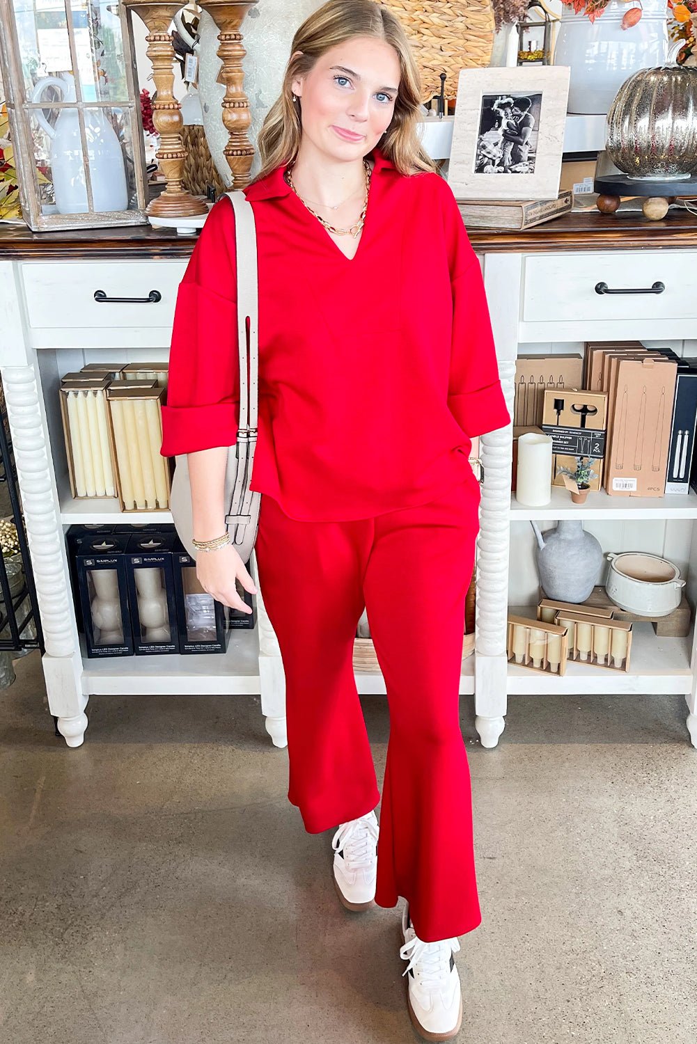 Fiery Red Plain V Neck Pullover Drawstring Bell Bottom Pants Set - MAD RUFFI