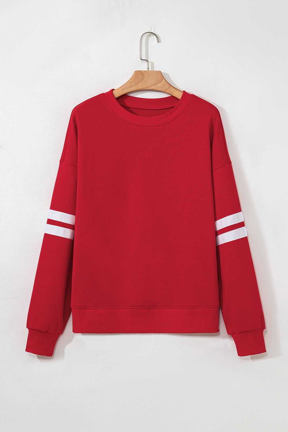 Fiery Red Preppy Striped Sleeve Loose Sweatshirt - MAD RUFFI