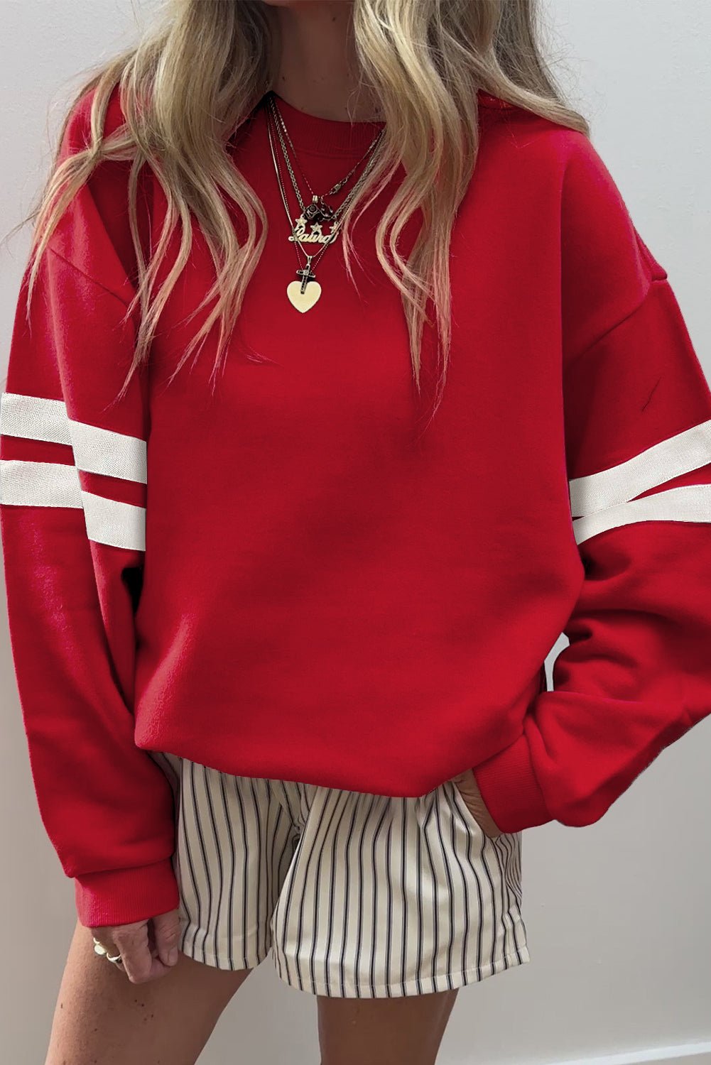 Fiery Red Preppy Striped Sleeve Loose Sweatshirt - MAD RUFFI