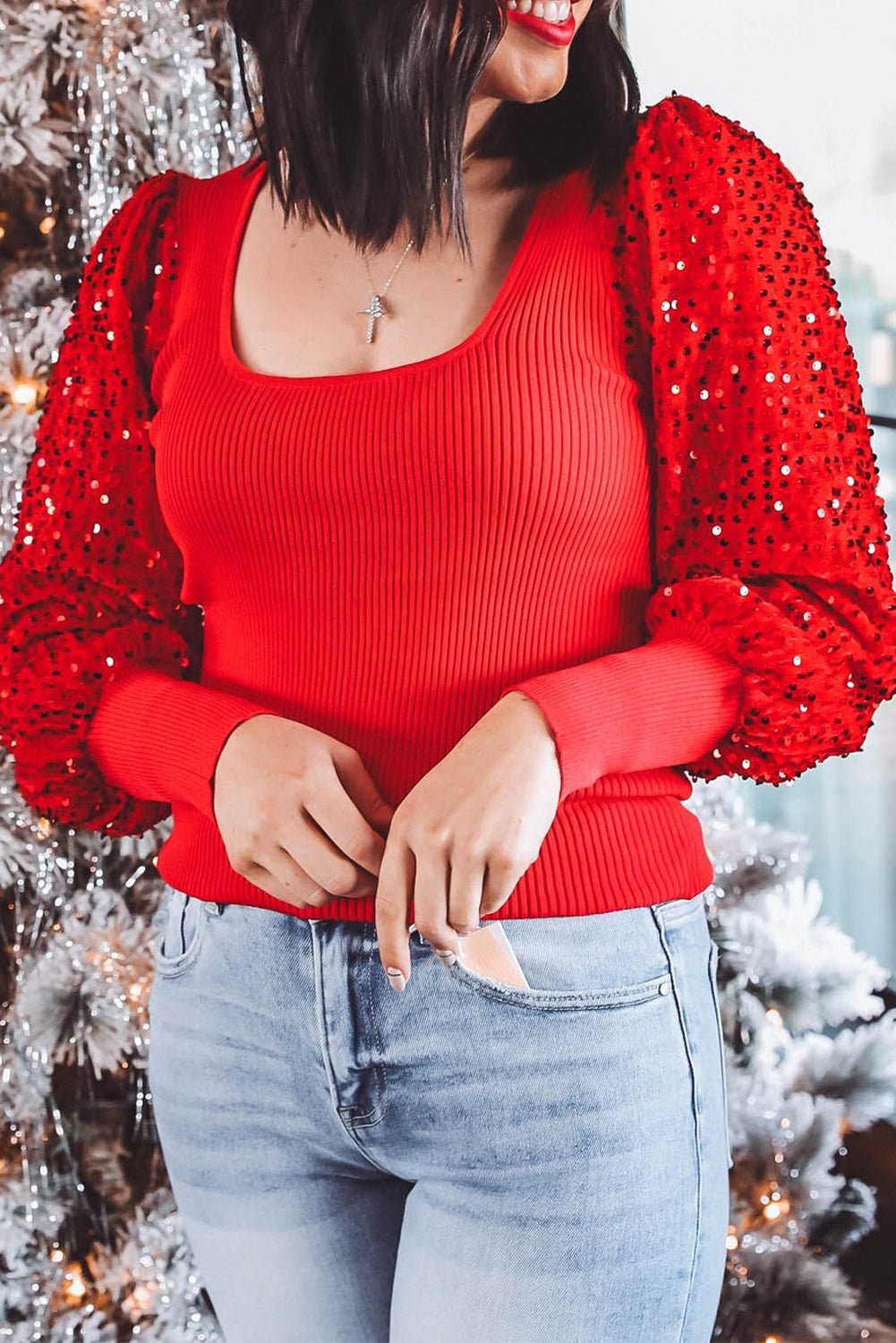 Fiery Red Sequin Sleeve Patchwork Ribbing Knit Square Neck Holiday Sweater - MAD RUFFI