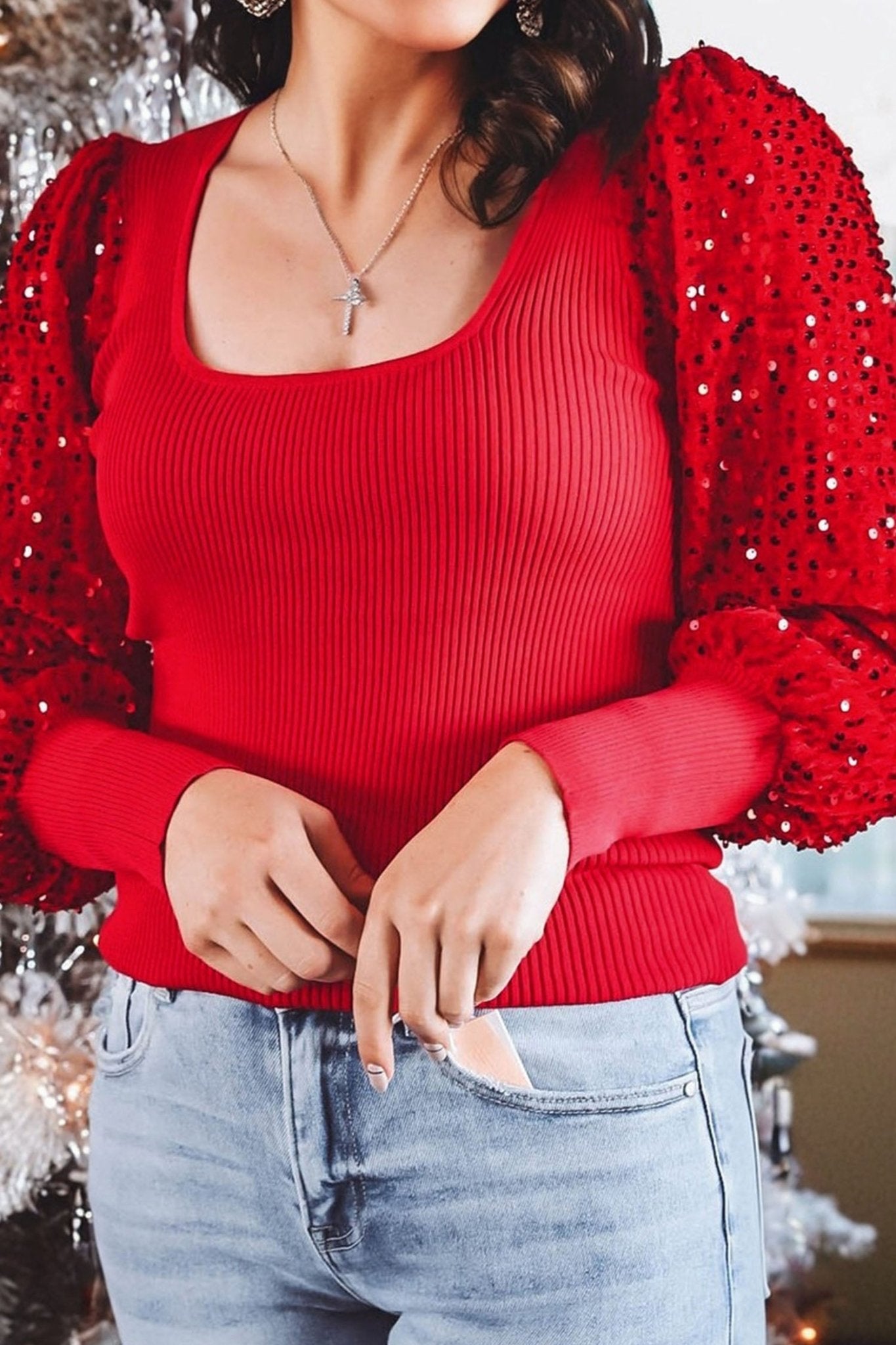 Fiery Red Sequin Sleeve Patchwork Ribbing Knit Square Neck Holiday Sweater - MAD RUFFI