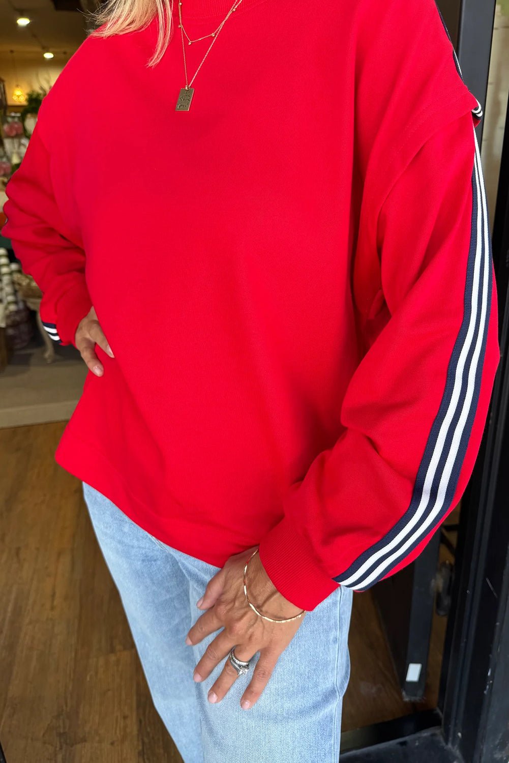 Fiery Red Side Striped Round Neck Sweatshirt - MAD RUFFI