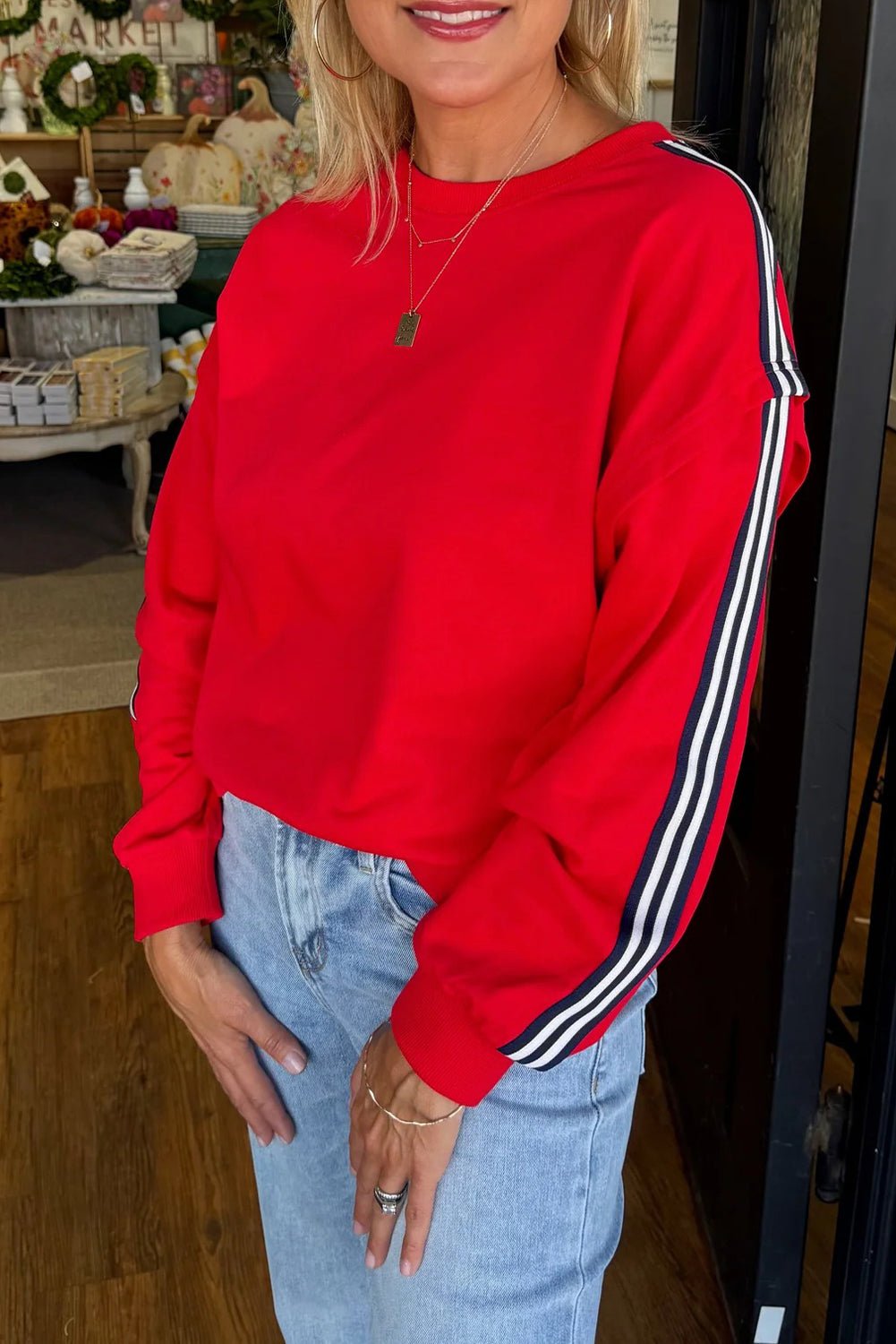 Fiery Red Side Striped Round Neck Sweatshirt - MAD RUFFI