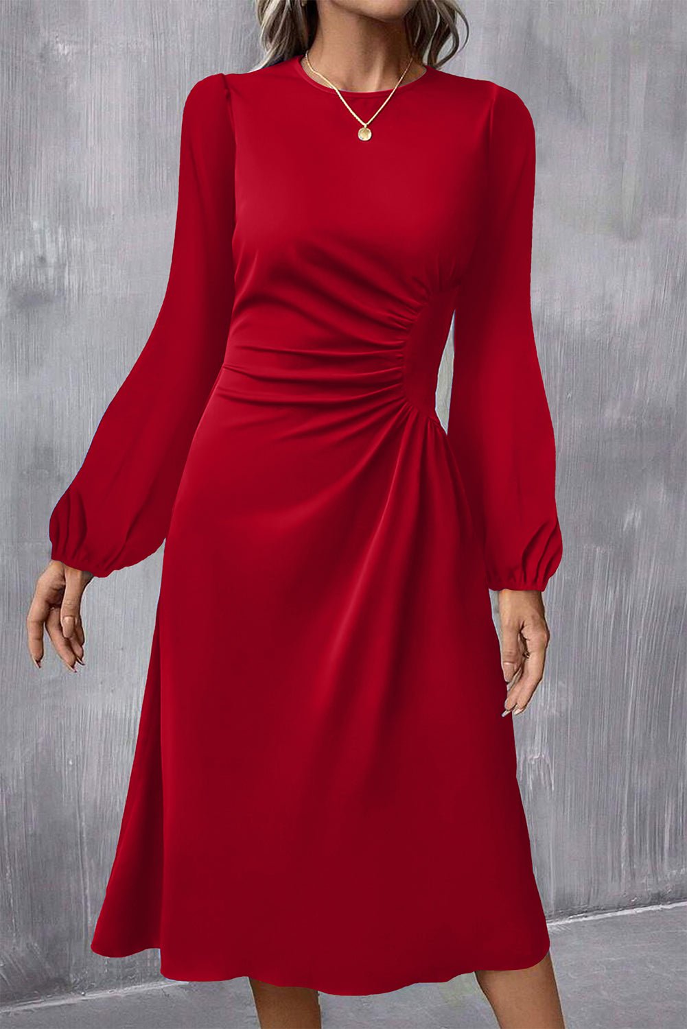 Fiery Red Solid Color Ruched Detail Long Sleeve Midi Dress - MAD RUFFI