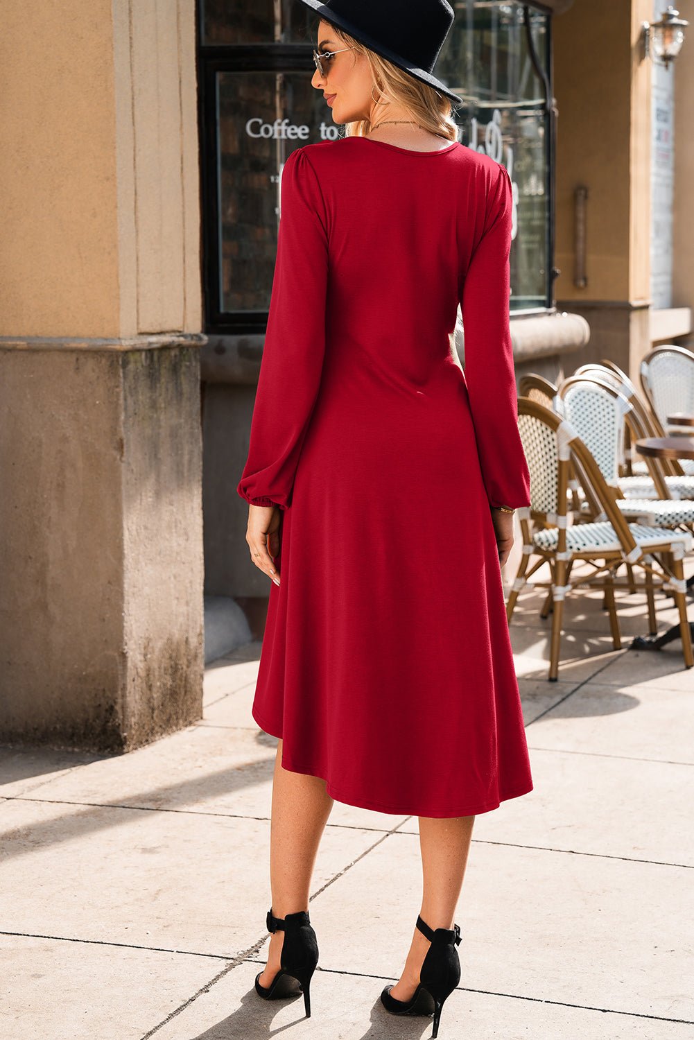 Fiery Red Solid Color Ruched Detail Long Sleeve Midi Dress - MAD RUFFI