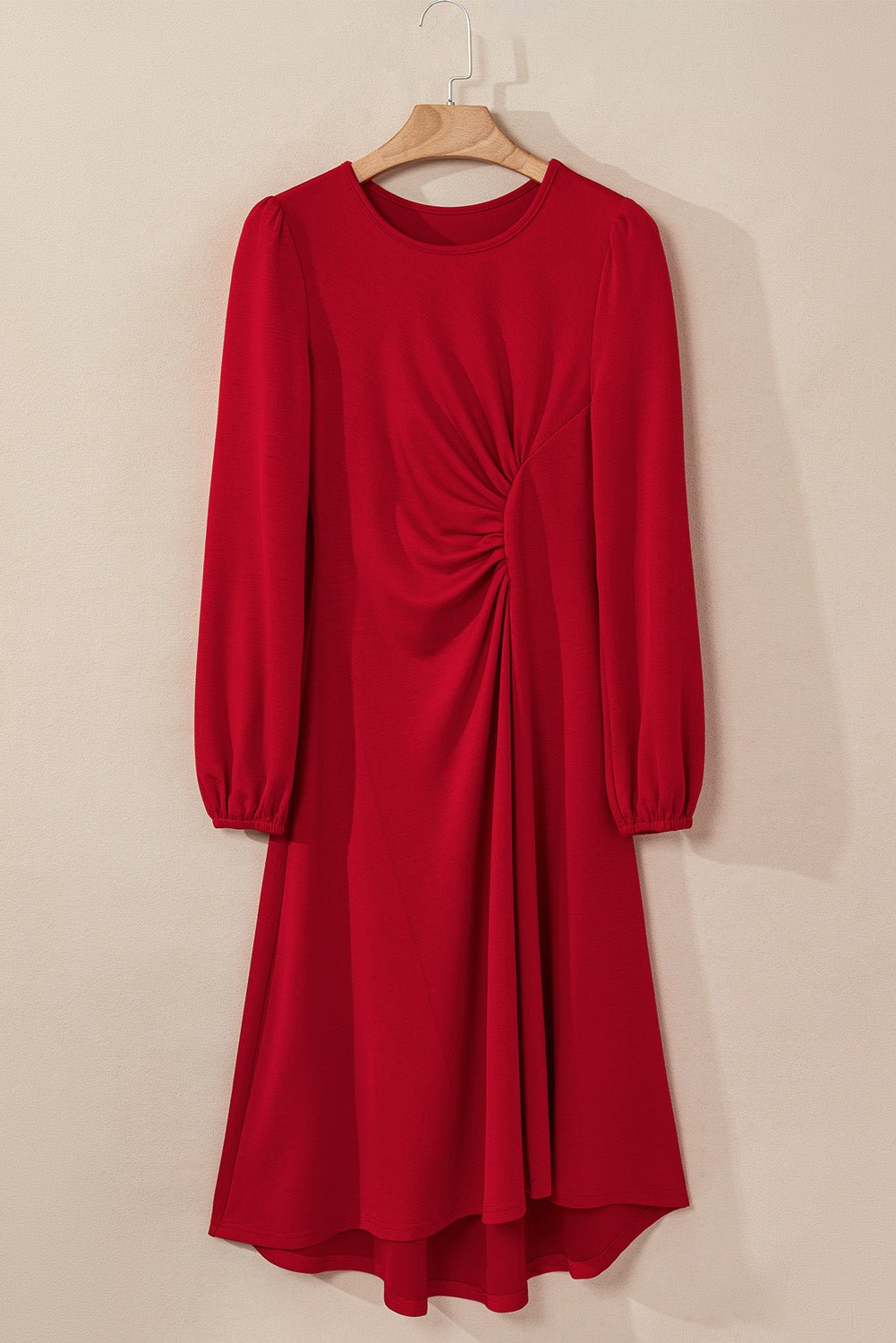 Fiery Red Solid Color Ruched Detail Long Sleeve Midi Dress - MAD RUFFI