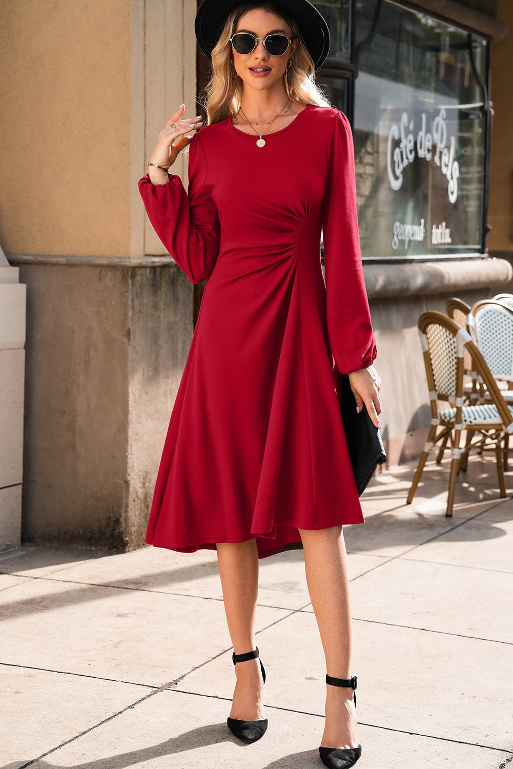 Fiery Red Solid Color Ruched Detail Long Sleeve Midi Dress - MAD RUFFI