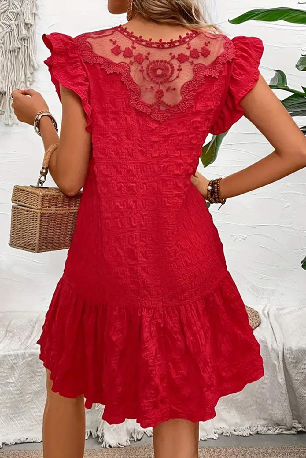 Fiery Red Solid Color Ruffle Trim Sleeveless Dress - Fiery Red / S - Short Dresses