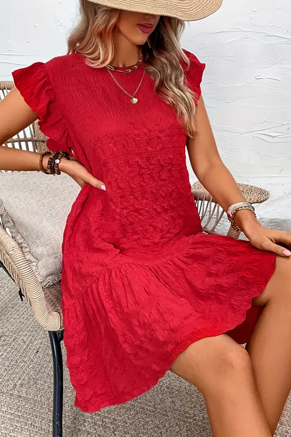 Fiery Red Solid Color Ruffle Trim Sleeveless Dress - Short Dresses