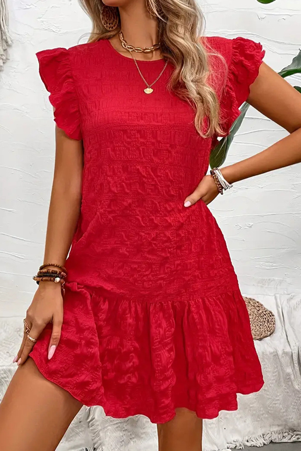 Fiery Red Solid Color Ruffle Trim Sleeveless Dress - Short Dresses