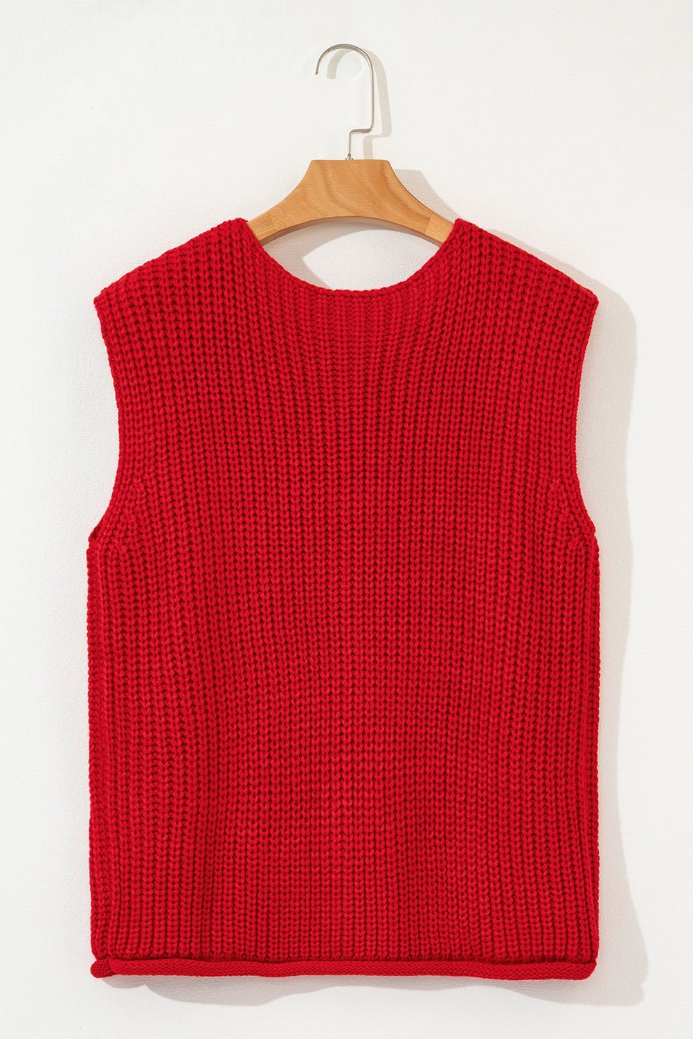 Fiery Red Solid Textured Knit Side Pockets Buttoned Sweater Vest - MAD RUFFI