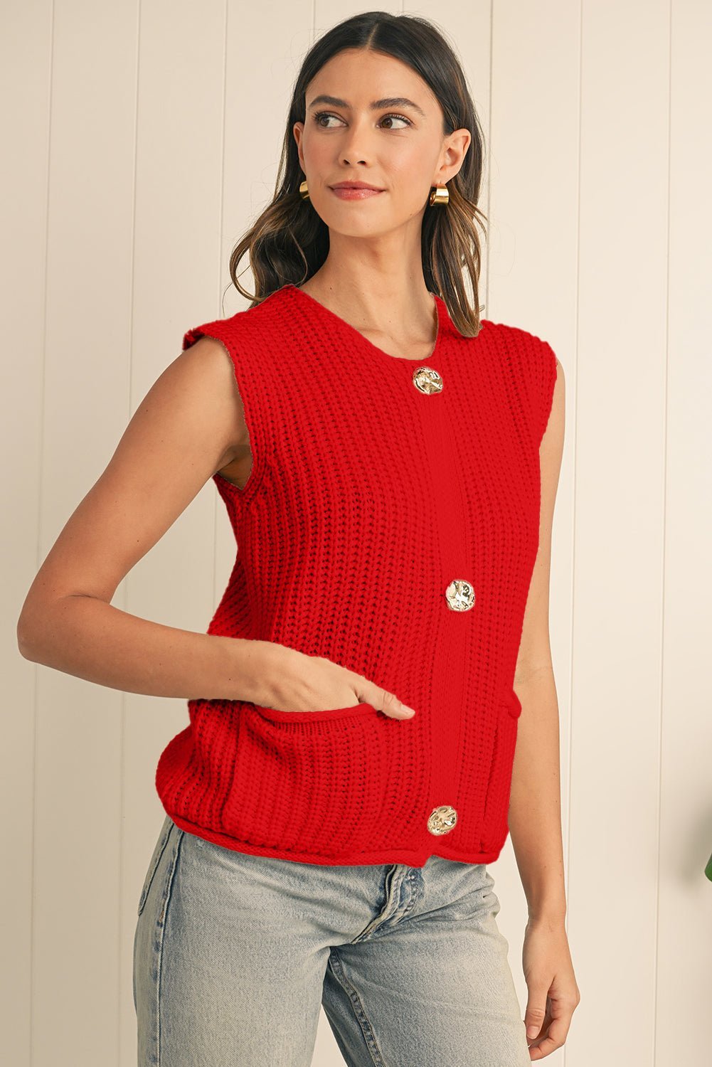Fiery Red Solid Textured Knit Side Pockets Buttoned Sweater Vest - MAD RUFFI
