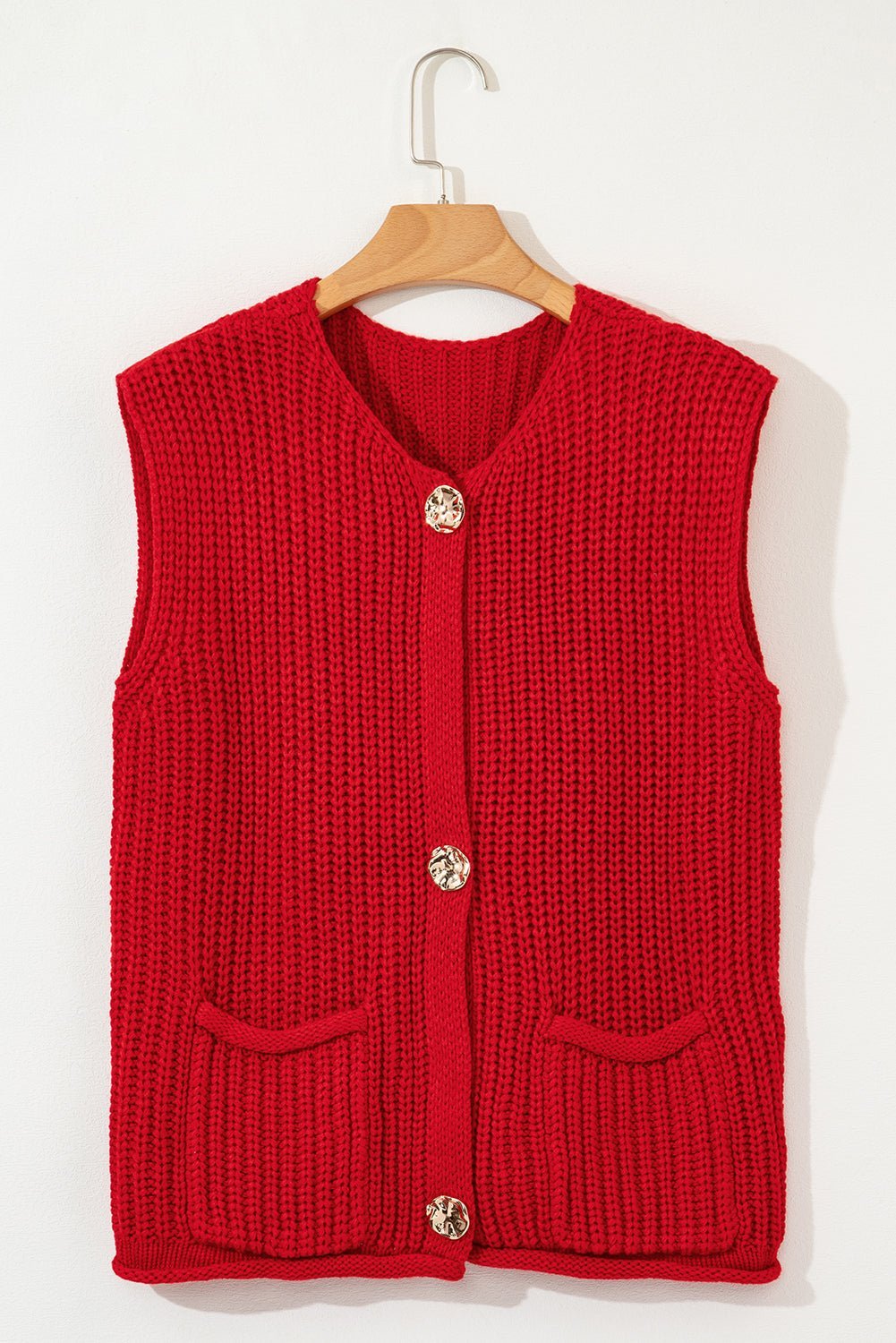 Fiery Red Solid Textured Knit Side Pockets Buttoned Sweater Vest - MAD RUFFI