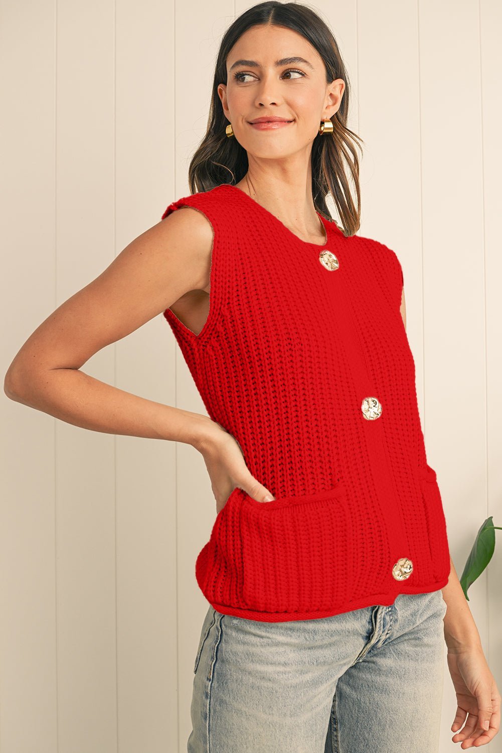 Fiery Red Solid Textured Knit Side Pockets Buttoned Sweater Vest - MAD RUFFI