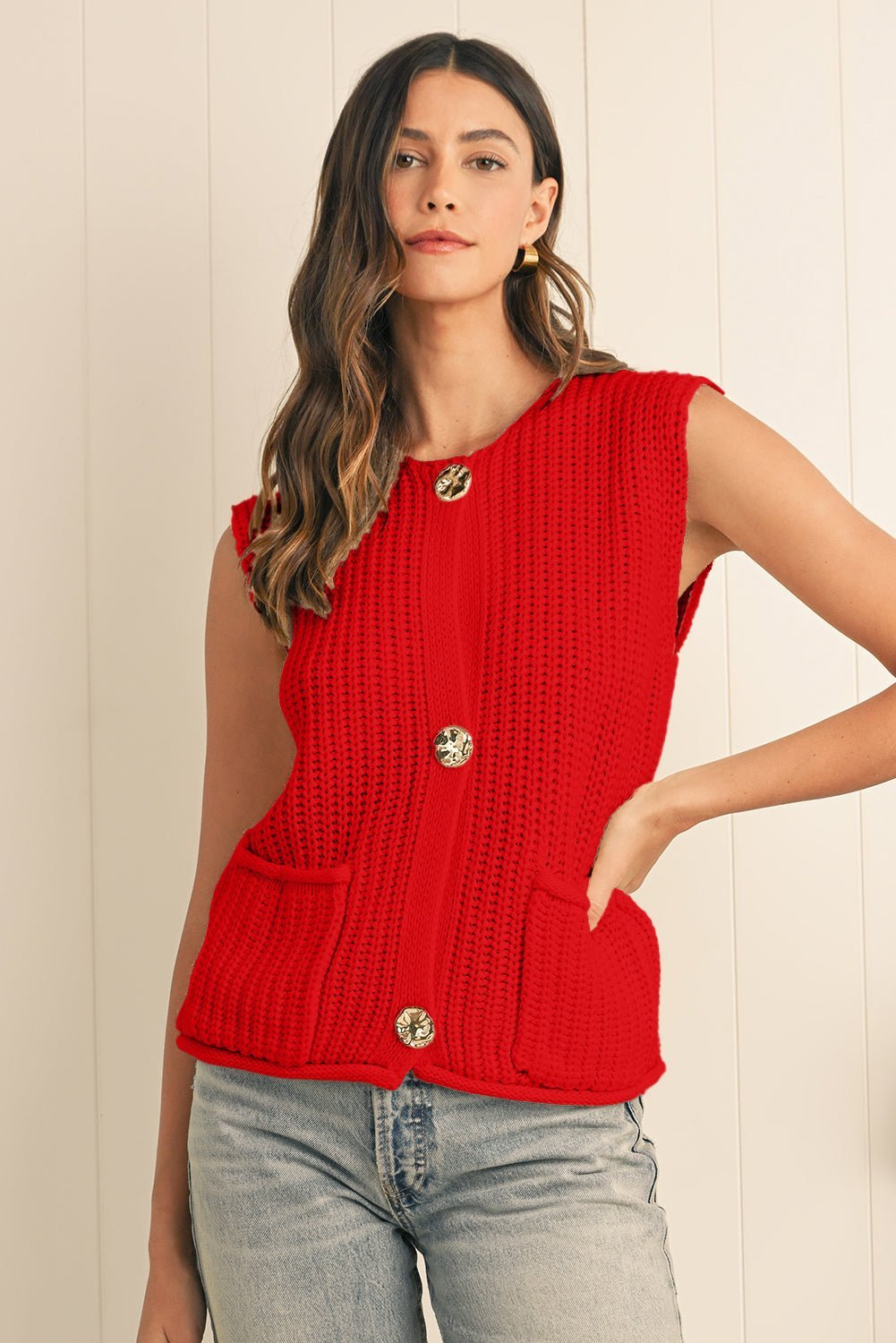 Fiery Red Solid Textured Knit Side Pockets Buttoned Sweater Vest - MAD RUFFI