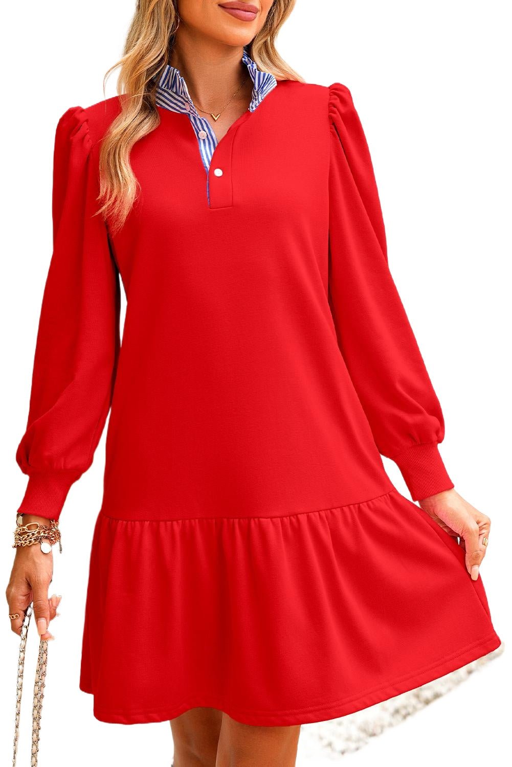 Fiery Red Striped Collar Long Sleeve Ruffle Hem Dress - MAD RUFFI