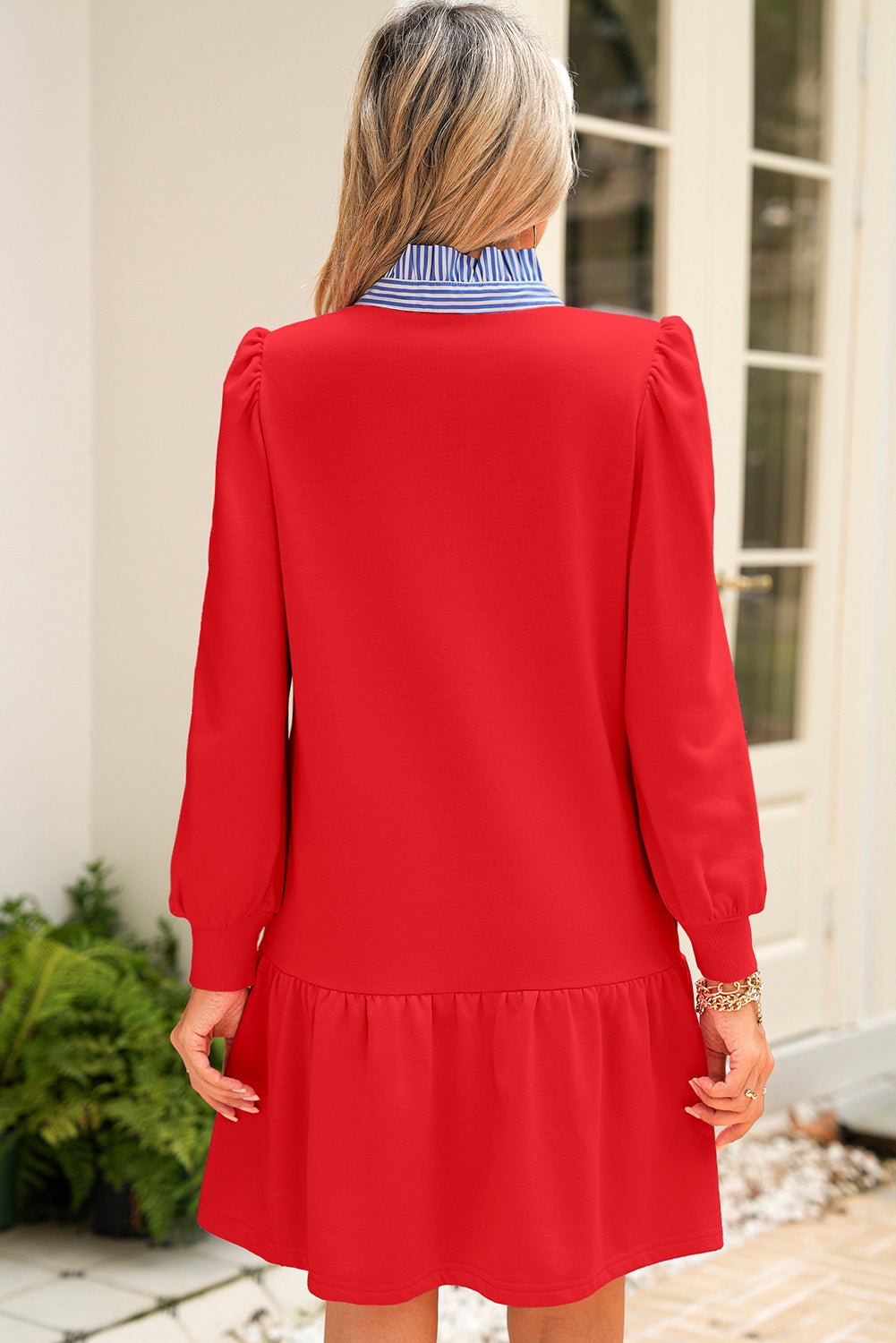 Fiery Red Striped Collar Long Sleeve Ruffle Hem Dress - MAD RUFFI