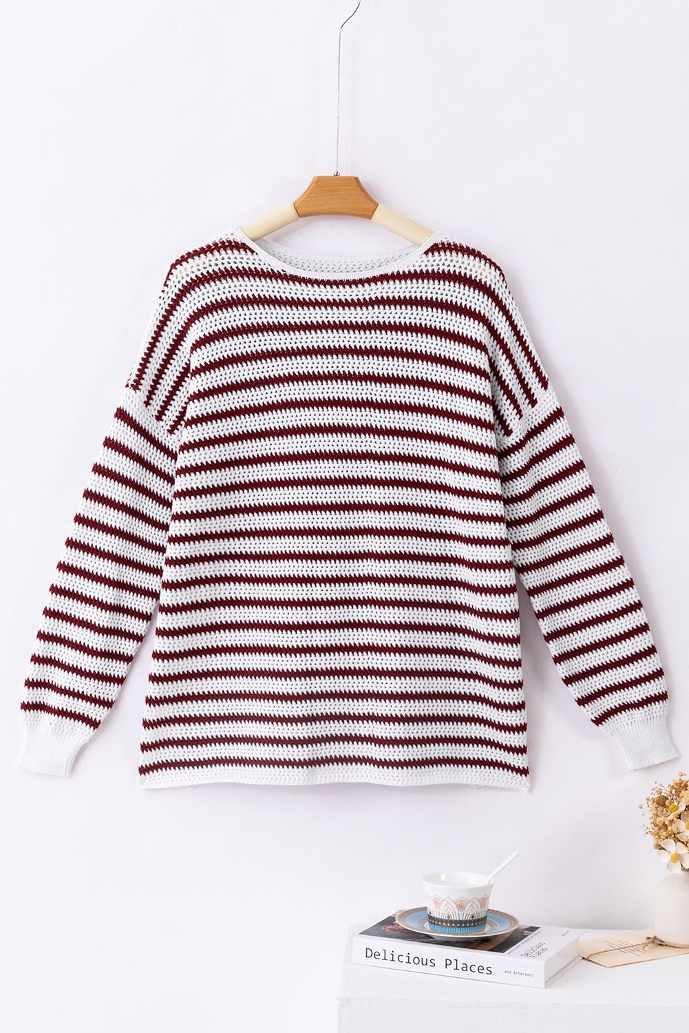 Fiery Red Striped Knit Split Hem Baggy Sweater - MAD RUFFI