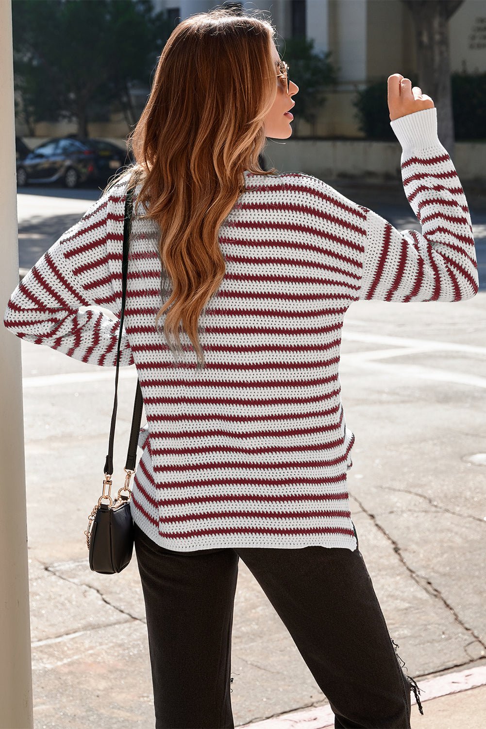 Fiery Red Striped Knit Split Hem Baggy Sweater - MAD RUFFI