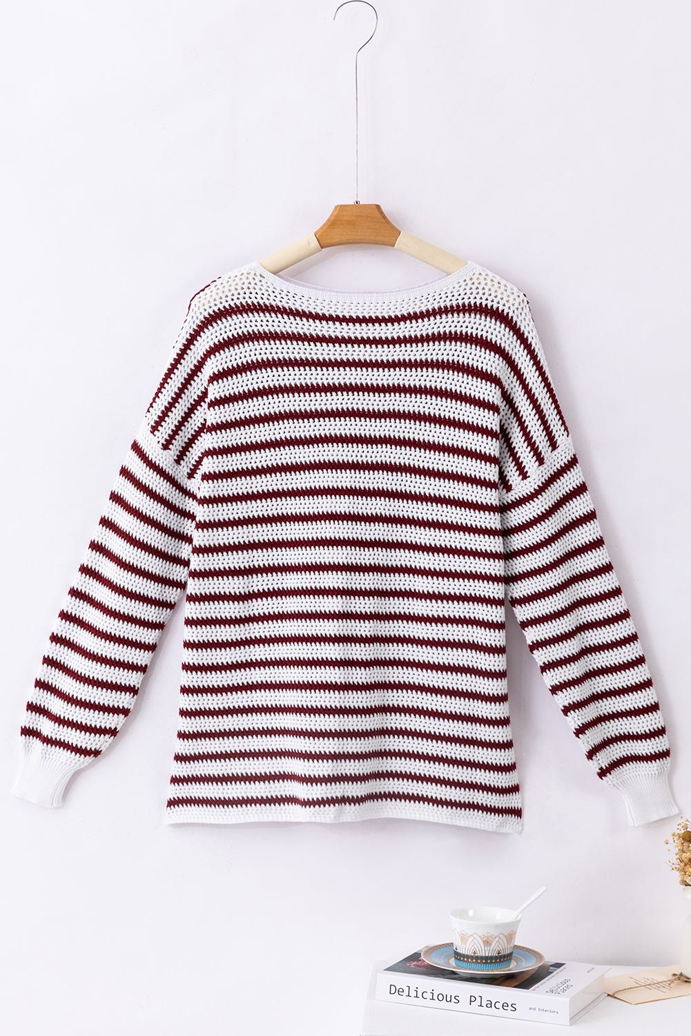 Fiery Red Striped Knit Split Hem Baggy Sweater - MAD RUFFI