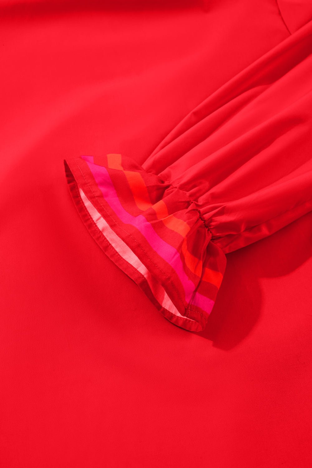 Fiery Red Striped Trim Ruffle Split Neck Long Sleeve Blouse - MAD RUFFI