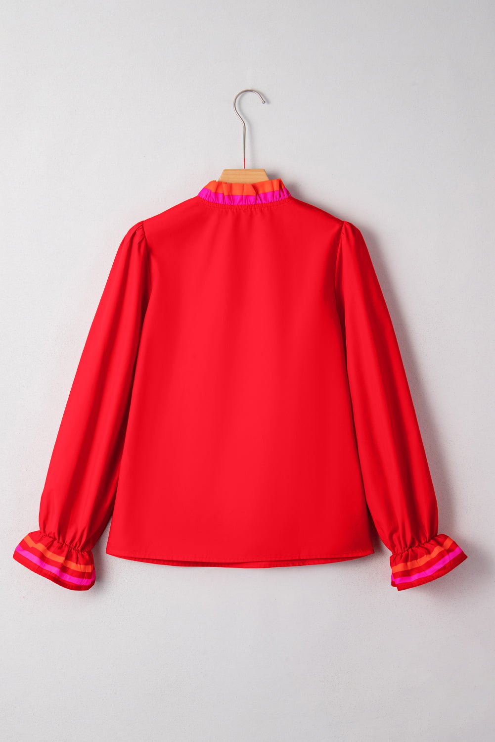 Fiery Red Striped Trim Ruffle Split Neck Long Sleeve Blouse - MAD RUFFI