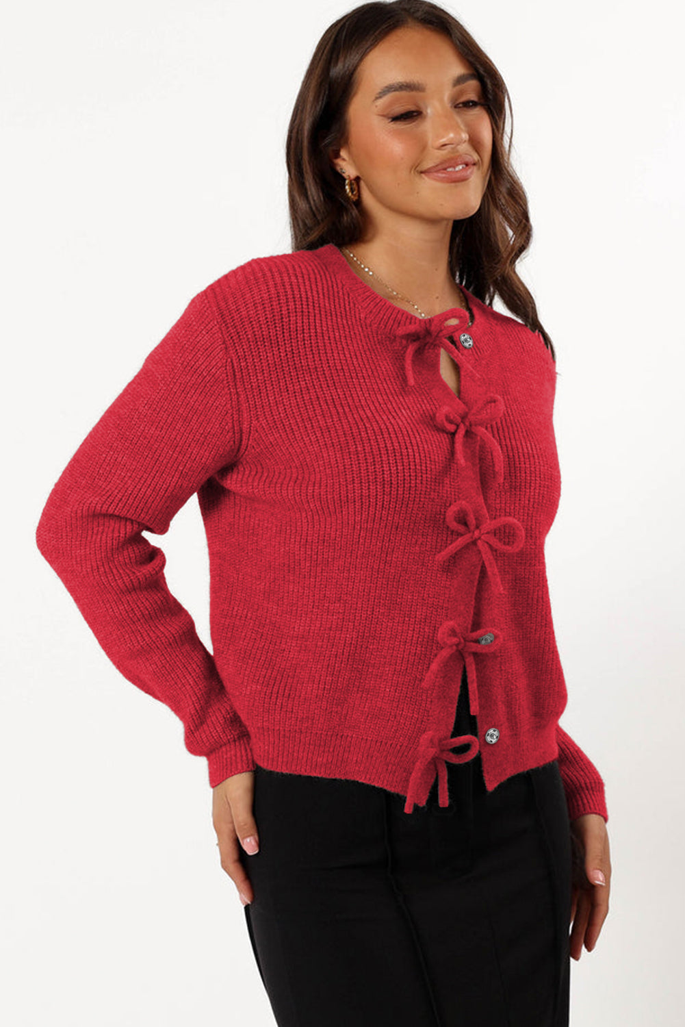 Fiery Red Sweet Bow Front Knit Cardigan - Cardigans