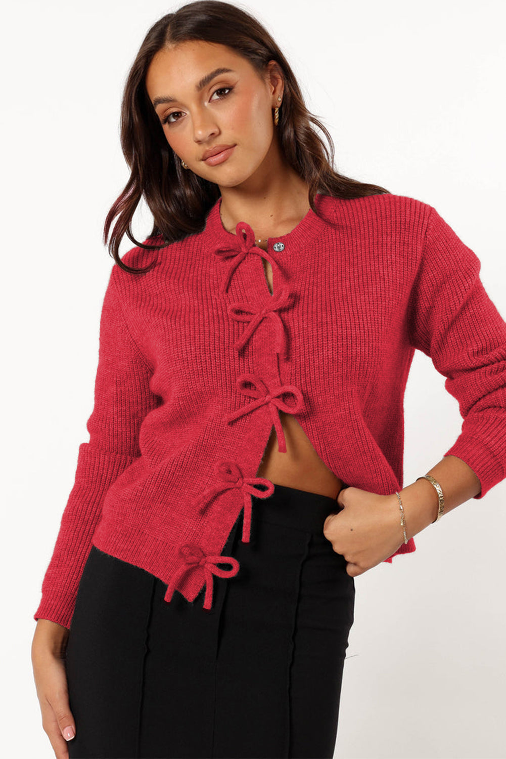 Fiery Red Sweet Bow Front Knit Cardigan - Cardigans