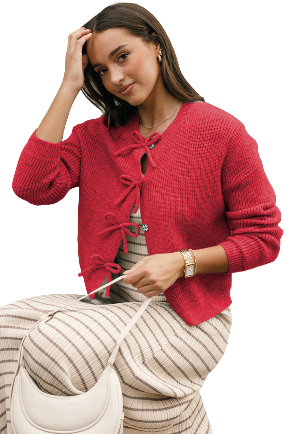 Fiery Red Sweet Bow Front Knit Cardigan - Cardigans