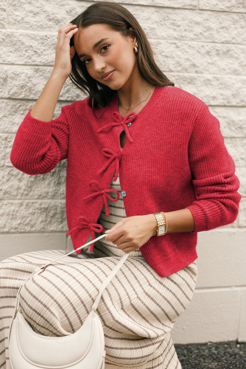 Fiery Red Sweet Bow Front Knit Cardigan - Cardigans