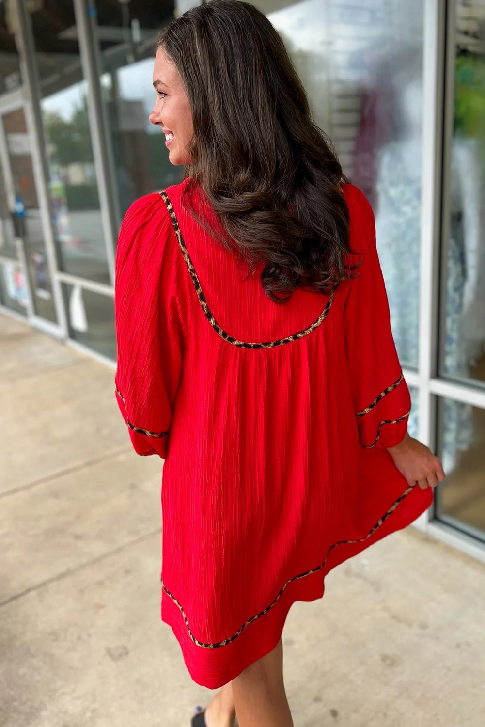 Fiery Red Textured V Neck Leopard Contrasted Trim Long Sleeve Shift Mini Dress - MAD RUFFI