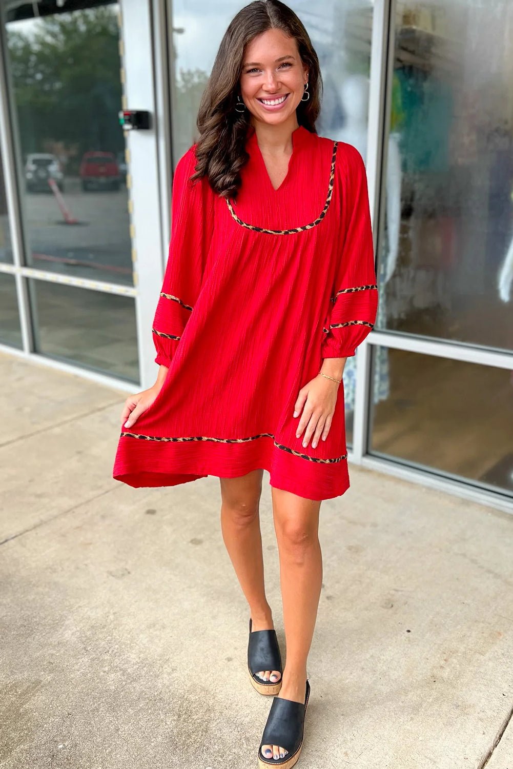 Fiery Red Textured V Neck Leopard Contrasted Trim Long Sleeve Shift Mini Dress - MAD RUFFI