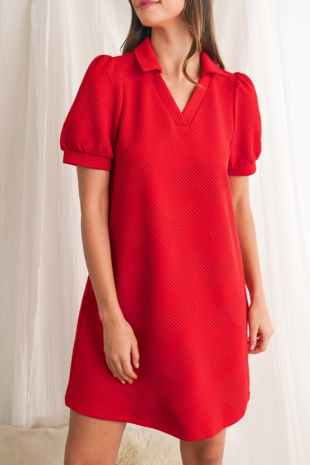 Fiery Red V Neck Puff Sleeve Textured Mini Dress - MAD RUFFI